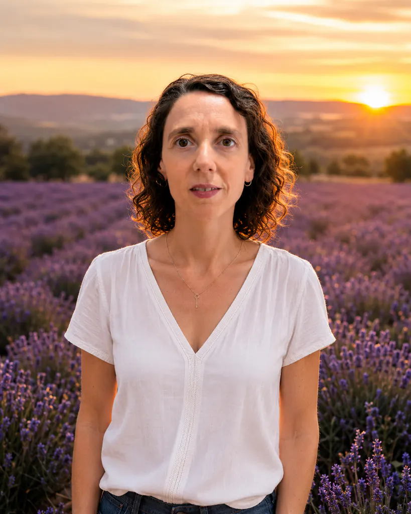 La Vero amb camisa blanca en un camp de lavanda, amb les muntanyes al fons